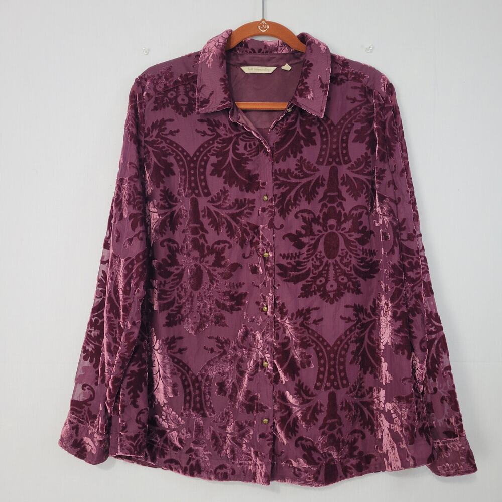 Soft Surroundings Floral Velvet Burnout Long Sleeve Button-Down Shirt sz XL Plum